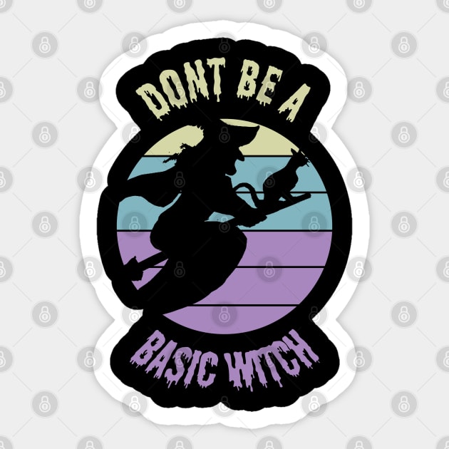 Don't Be A Basic Witch flying sunset Halloween Scary Tan Blue Purple Sticker by Black Ice Design